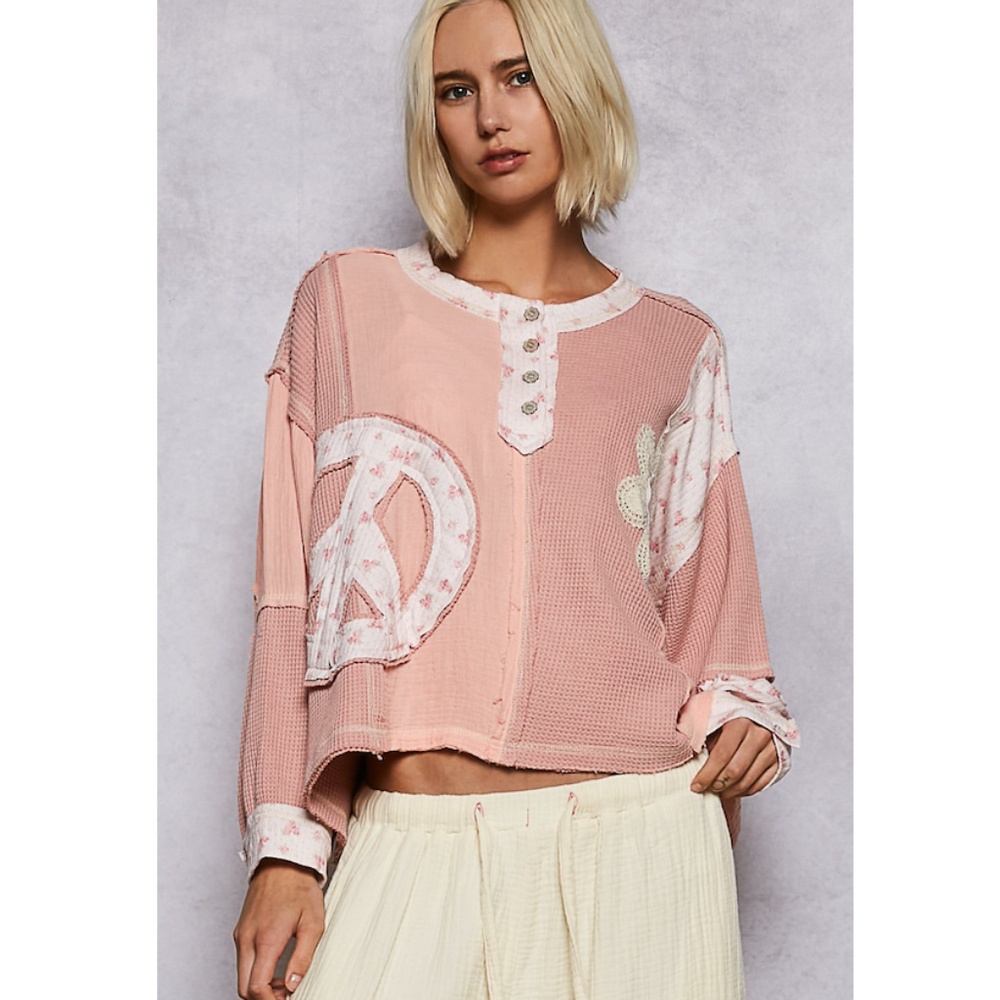 "The Kimi" Pink Peace Sign/Flower Patch Top